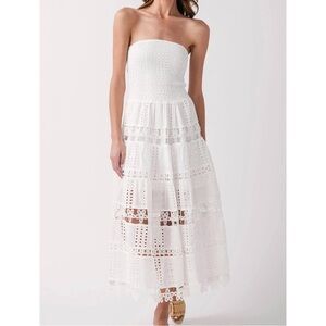 Strut & Bolt White Eyelet Maxi Dress | Strapless Smocked Tiered Dress | Size M